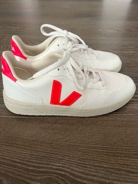 Veja White Leather Sneakers with Neon Coral V Logo